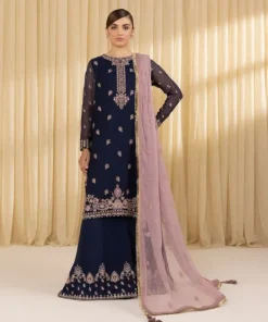 Hot Sapphire 3 Piece - Embroidered Blended Net Suit BlueDupatta