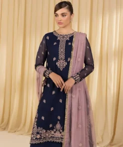 Hot Sapphire 3 Piece - Embroidered Blended Net Suit BlueDupatta