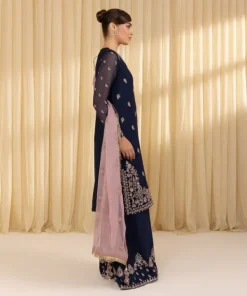 Hot Sapphire 3 Piece - Embroidered Blended Net Suit BlueDupatta