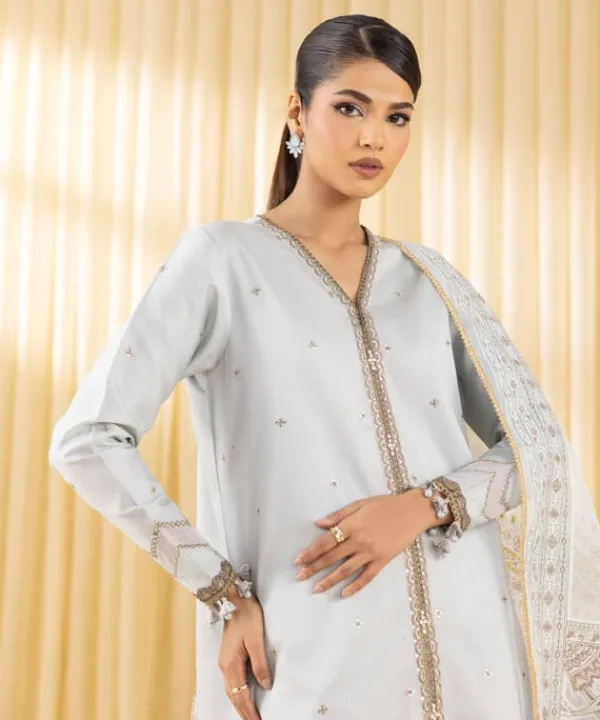 Clearance Sapphire 3 Piece - Embroidered Cotton Satin Suit AquaDupatta