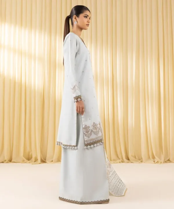 Clearance Sapphire 3 Piece - Embroidered Cotton Satin Suit AquaDupatta