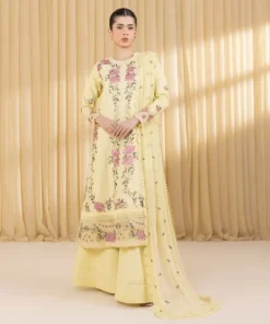 Clearance Sapphire 3 Piece - Embroidered Cotton Satin Suit Light YellowDupatta