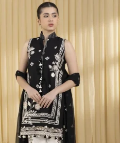 Online Sapphire 3 Piece - Embroidered Cotton Satin Suit BlackDupatta