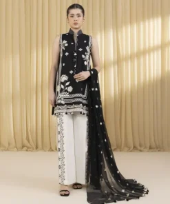 Online Sapphire 3 Piece - Embroidered Cotton Satin Suit BlackDupatta