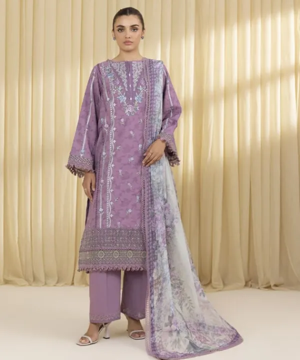 New Sapphire 3 Piece - Embroidered Cotton Jacquard Suit PurpleDupatta