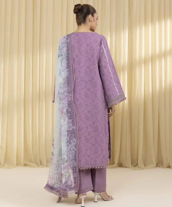 New Sapphire 3 Piece - Embroidered Cotton Jacquard Suit PurpleDupatta