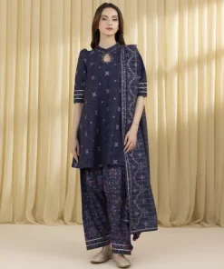 New Sapphire 3 Piece - Embroidered Cotton Jacquard Suit Navy BlueDupatta