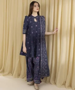 New Sapphire 3 Piece - Embroidered Cotton Jacquard Suit Navy BlueDupatta
