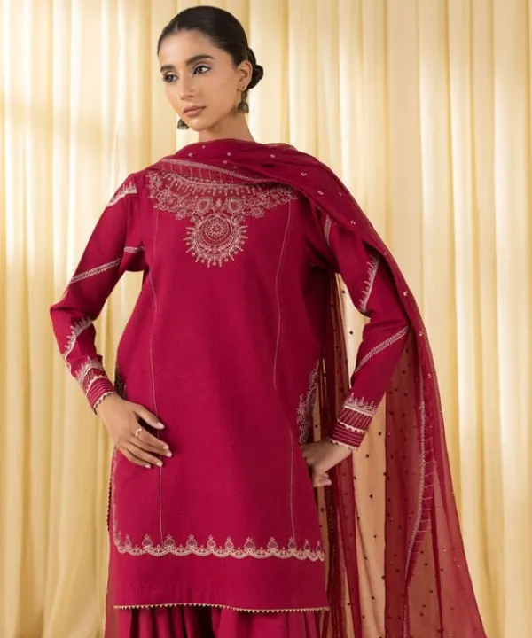 Outlet Sapphire 3 Piece - Embroidered Dobby Suit RedDupatta