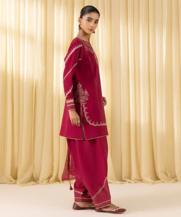 Outlet Sapphire 3 Piece - Embroidered Dobby Suit RedDupatta