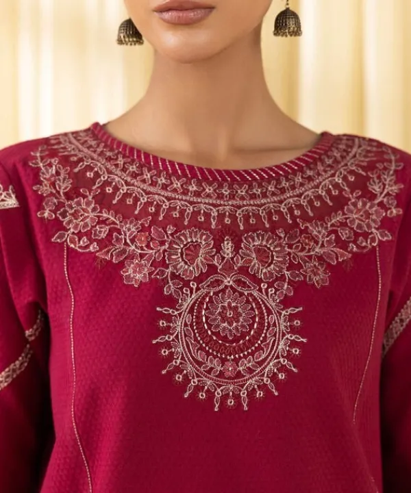 Outlet Sapphire 3 Piece - Embroidered Dobby Suit RedDupatta