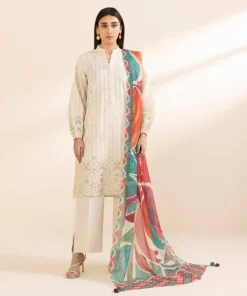 Hot Sapphire 3 Piece - Embroidered Dobby Suit Off WhiteDupatta