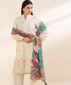 Hot Sapphire 3 Piece - Embroidered Dobby Suit Off WhiteDupatta
