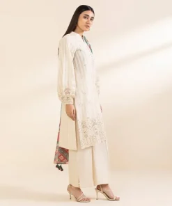 Hot Sapphire 3 Piece - Embroidered Dobby Suit Off WhiteDupatta