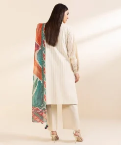 Hot Sapphire 3 Piece - Embroidered Dobby Suit Off WhiteDupatta