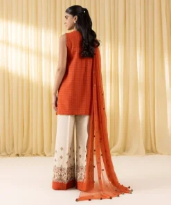 Hot Sapphire 3 Piece - Embroidered Dobby Suit OrangeDupatta