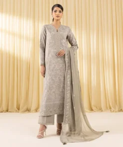 New Sapphire 3 Piece - Embroidered Lawn Suit BeigeDupatta