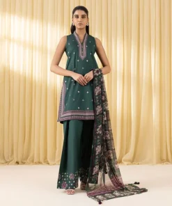 Hot Sapphire 3 Piece - Embroidered Lawn Suit GreenDupatta