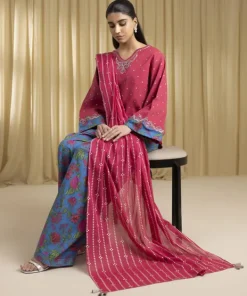 Hot Sapphire 3 Piece - Embroidered Lawn Suit RedDupatta