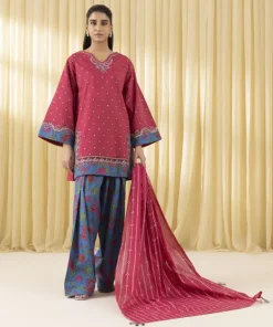 Hot Sapphire 3 Piece - Embroidered Lawn Suit RedDupatta
