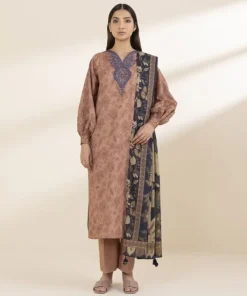 Hot Sapphire 2 Piece - Embroidered Lawn Suit Dark BeigeDupatta