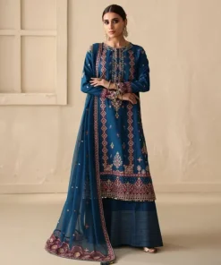 Clearance Sapphire 3 Piece - Embroidered Raw Silk Suit Teal BlueDupatta