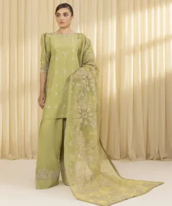 Best Sapphire 3 Piece - Embroidered Raw Silk Suit Tea GreenDupatta