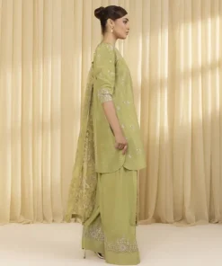 Best Sapphire 3 Piece - Embroidered Raw Silk Suit Tea GreenDupatta
