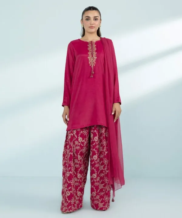 Online Sapphire 3 Piece - Embroidered Raw Silk Suit Pink