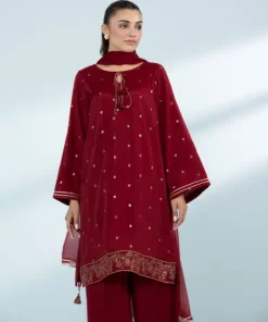 Clearance Sapphire 3 Piece - Embroide Raw Silk Suit Red