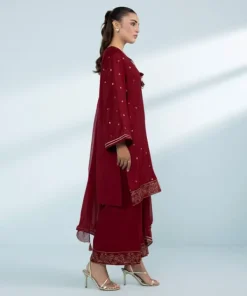 Clearance Sapphire 3 Piece - Embroide Raw Silk Suit Red