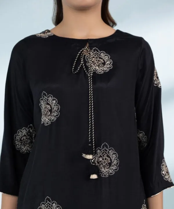 Online Sapphire 3 Piece - Embroidered Raw Silk Suit Black