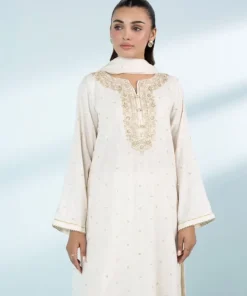 Fashion Sapphire 3 Piece - Embroidered Raw Silk Suit Off White