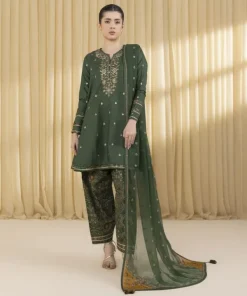 Hot Sapphire 3 Piece - Embroidered Zari Lawn Suit GreenDupatta