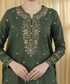 Hot Sapphire 3 Piece - Embroidered Zari Lawn Suit GreenDupatta