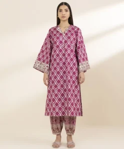 Hot Sapphire 2 Piece - Printed Lawn Suit Pink & Off WhiteTrouser