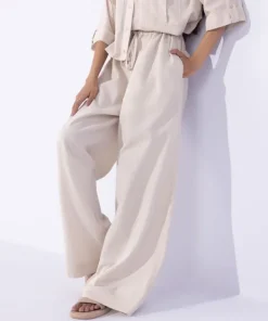 Hot Sapphire Blended Linen Pull On Trousers Khaki