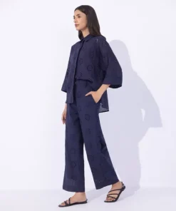 Clearance Sapphire Cotton Embroidered Trousers Navy Blue