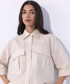 Clearance Sapphire Cropped Blended Linen Shirt Khaki