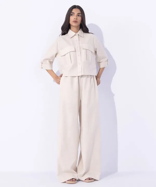 Clearance Sapphire Cropped Blended Linen Shirt Khaki