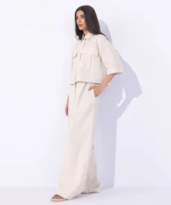 Clearance Sapphire Cropped Blended Linen Shirt Khaki