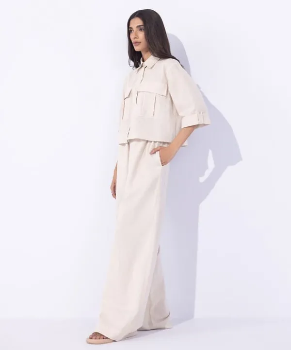 Clearance Sapphire Cropped Blended Linen Shirt Khaki