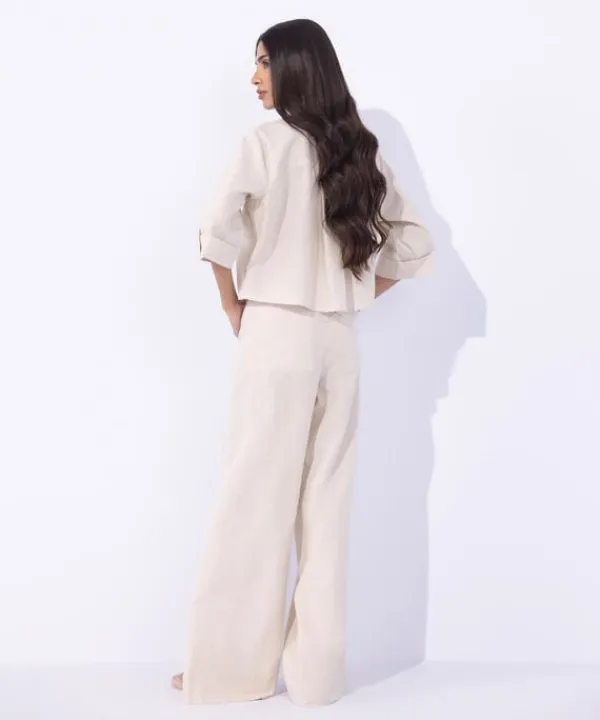 Clearance Sapphire Cropped Blended Linen Shirt Khaki