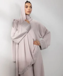 Hot Sapphire Embroidered Abaya Set Beige