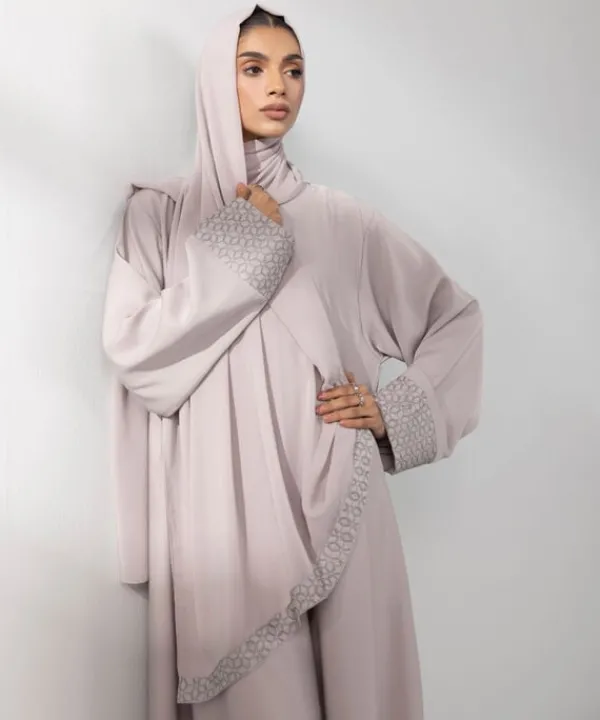 Hot Sapphire Embroidered Abaya Set Beige