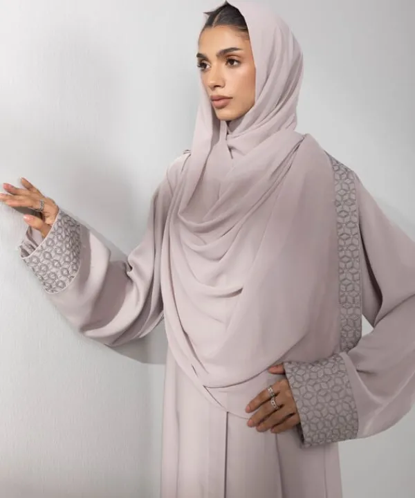 Hot Sapphire Embroidered Abaya Set Beige