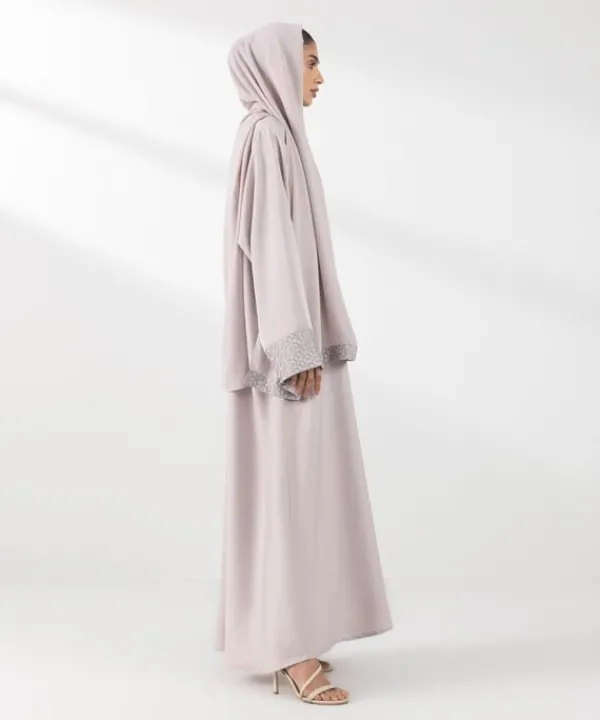 Hot Sapphire Embroidered Abaya Set Beige