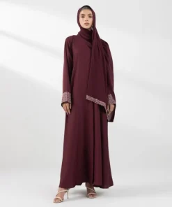 Hot Sapphire Embroidered Abaya Set Maroon