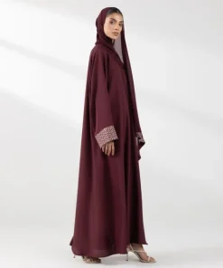 Hot Sapphire Embroidered Abaya Set Maroon