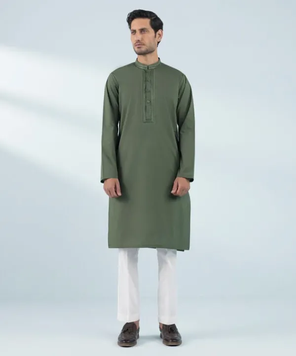 Best Sapphire Embroidered Cotton Kurta - Slim Fit Olive
